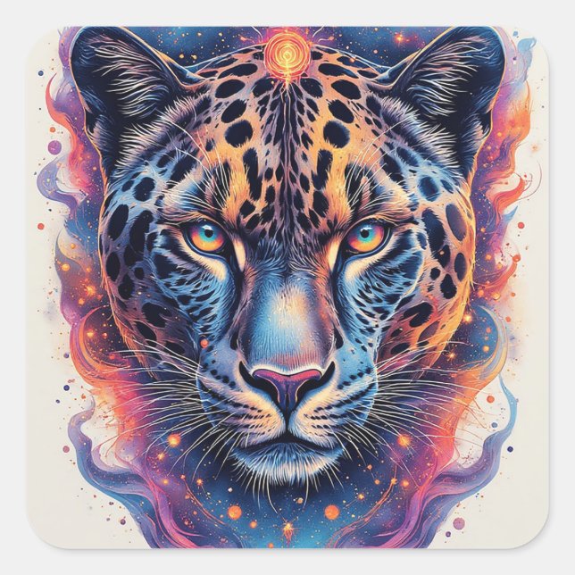 Panther Portrait with Abstract Fiery Elements Square Sticker (Front)