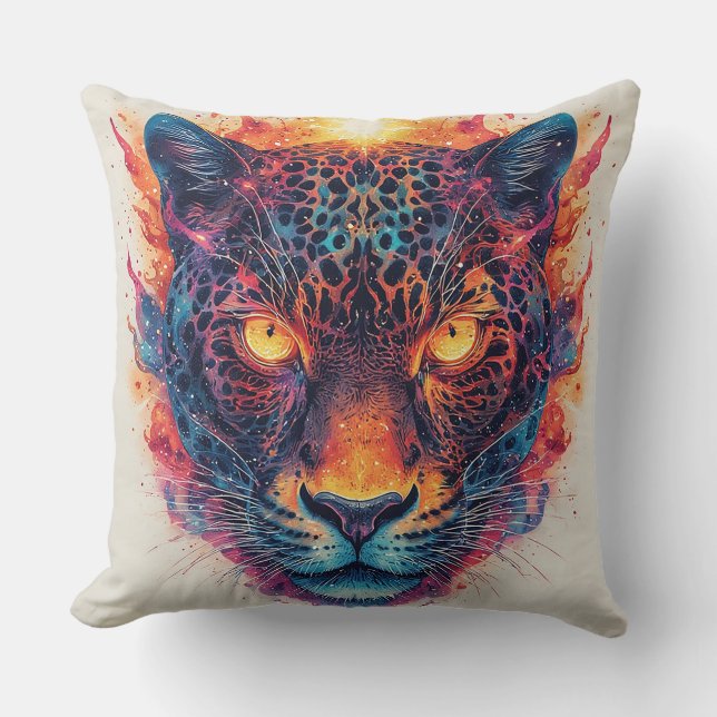 Panther Portrait with Abstract Fiery Elements Throw Pillow (Front)