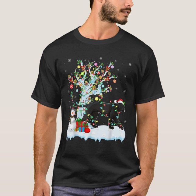 Panther Xmas Lighting Tree Santa Hat Panther Chris T-Shirt (Front)