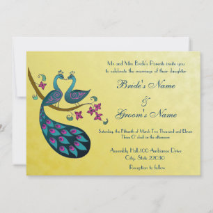 Paon - faire-part de mariage de paonne, jaune de