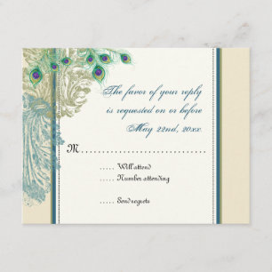 Paon vintage, carte de réponse des plumes RSVP