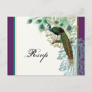 Paon vintage, plumes - carte postale de réponse de