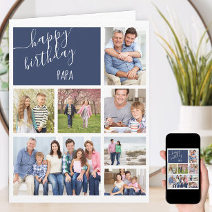 Papa 7 Photo Collage Blue Personalized Birthday Card