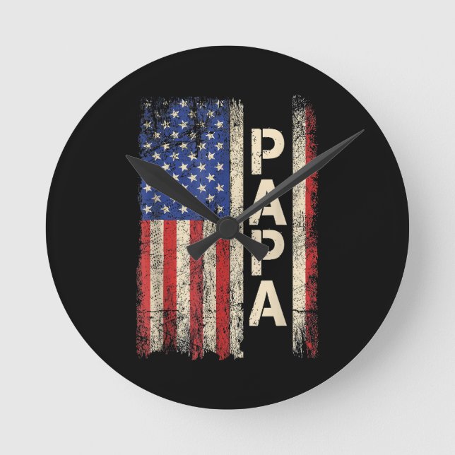 Papa American Flag Father's Day For Men Round Clock (Front)