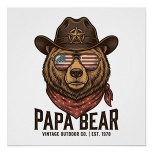 Papa Bear Cowboy Bear Patriotic Vintage Vector Des Poster