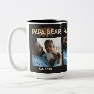 Papa Bear Father Year Established 3 Photo Black Two-Tone Coffee Mug