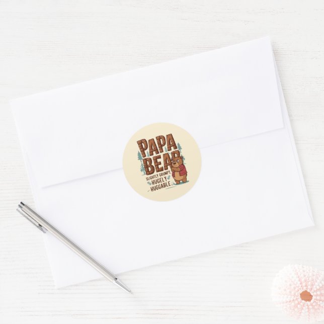 Papa Bear Vibes – Slightly Grumpy, Hugely Huggable Classic Round Sticker (Envelope)