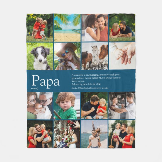 Papa Definition Quote Photo Collage Blue Fleece Blanket (Front)