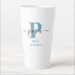 Papa Elegant Script Monogram Blue White Latte Mug<br><div class="desc">Latte mug for a new papa or long established one! which you can personalize with the date they became a grandfather. This trendy minimalist design has a modern colour palette of blue, black and white. It has a Papa monogram, with the initial letter P and the name papa, lettered in...</div>