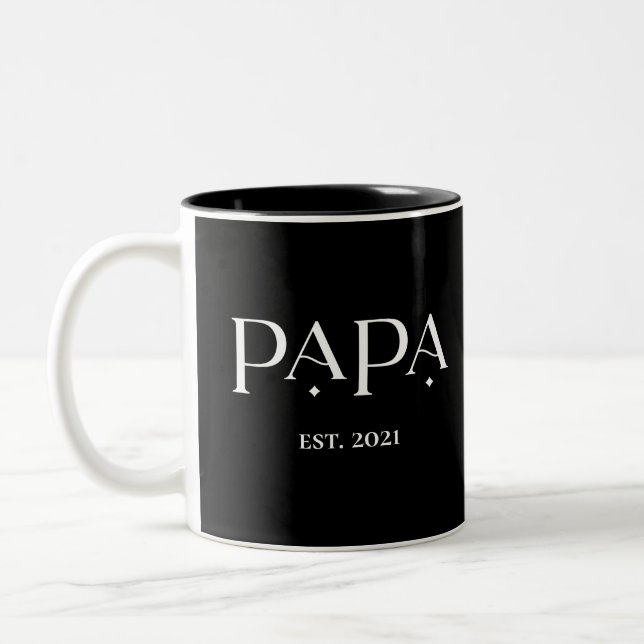 Papa Est. Date with Children's Names | Modern Text Two-Tone Coffee Mug (Left)