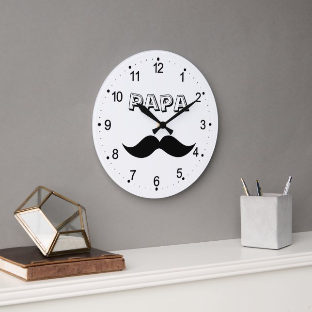Papa Men's Moustache Black & White Large Clock (Office)
