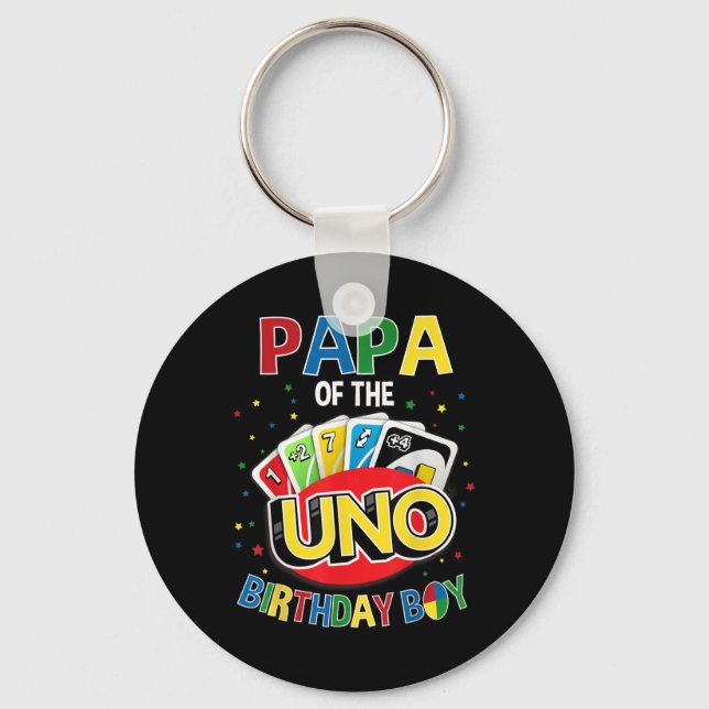 Papa Of The Birthday Boy Uno Game B-day Family Par Keychain (Front)