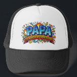 Papa The Man The Myth The Legend Funny Comic Retro Trucker Hat<br><div class="desc">Celebrate the ultimate family hero with this explosive, superhero-inspired pop art design. Featuring the iconic "Papa: The Man, The Myth, The Legend" slogan, this graphic is styled like a classic silver-age comic book cover. The aesthetic is packed with high-energy elements: bold 3D typography, halftone dot gradients, action-packed starbursts, and mechanical...</div>