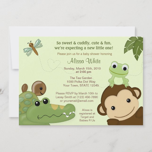 Papagayo Baby Shower Invitation monkey frog turtle (Front)