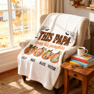 Papa's Little Pumpkins 4 Grandkid Photo Halloween  Fleece Blanket
