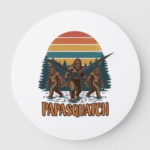 Papasquatch Bigfoot Vintage Sunset Vector Design_1 Large Clock