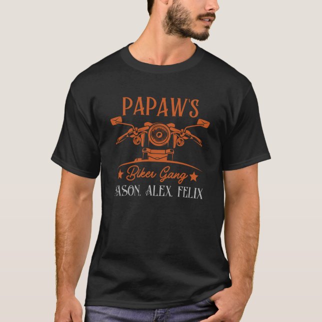 Papaw's Biker Gang Personalized Grandkid Names T-Shirt (Front)