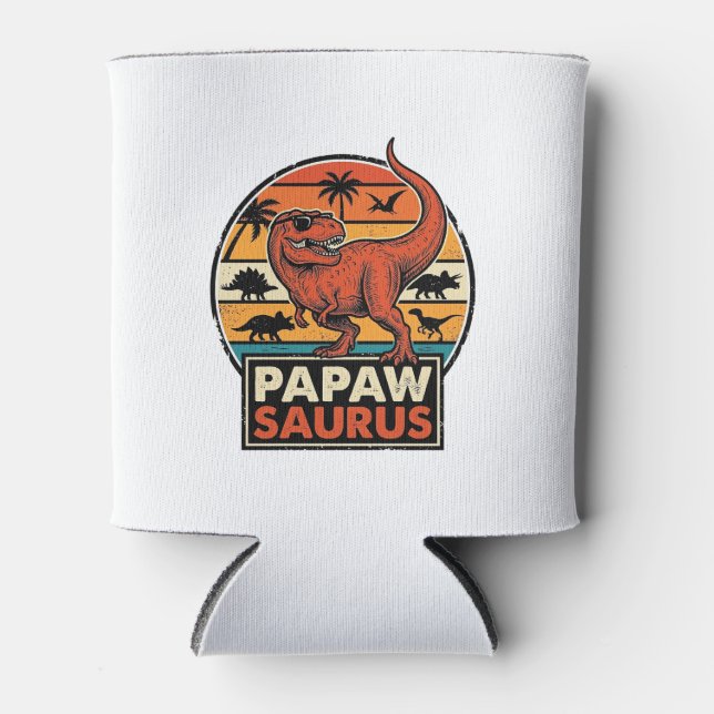 Papawsaurus Retro Dinosaur Sunset Vector Design_1 Can Cooler (Front)