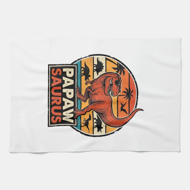 Papawsaurus Retro Dinosaur Sunset Vector Design_1 Kitchen Towel (Horizontal)