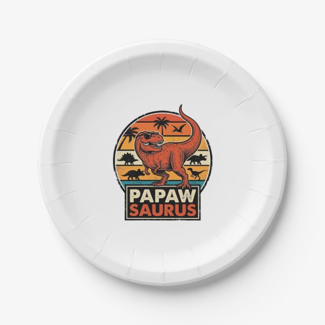 Papawsaurus Retro Dinosaur Sunset Vector Design_1 Paper Plate (Front)