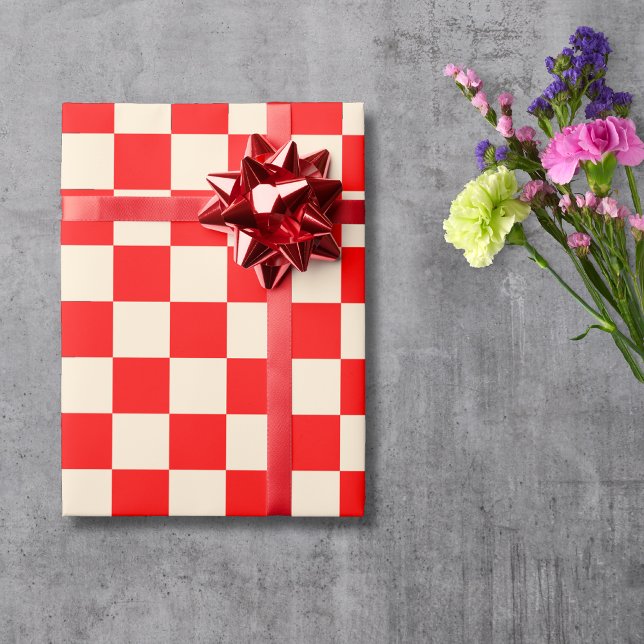 Papaya and Red Chequered Chequerboard Vintage Wrapping Paper (Creator Uploaded)