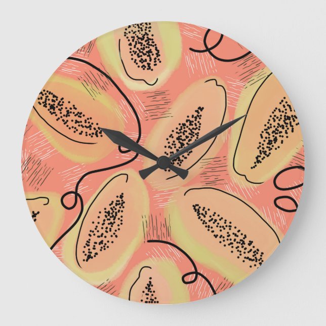 Papaya Doodle Pattern Kitchen Fruit Large Clock (Front)