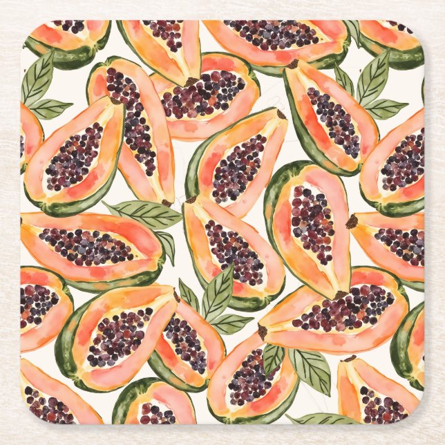 Papaya Fruit Watercolor  Square Paper Coaster (Front)
