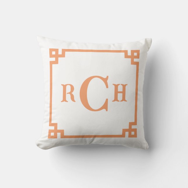 Papaya Orange Chinoiserie Greek Key Monogram Throw Pillow (Front)