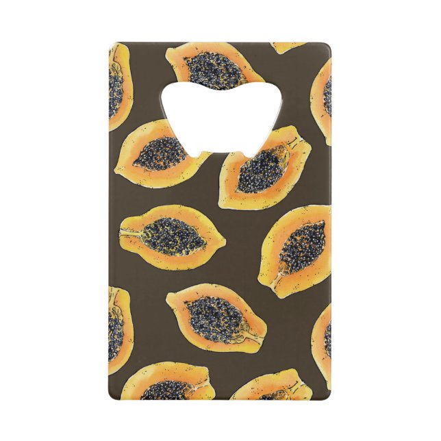 Papaya slices on dark brown credit card bottle opener (Front)