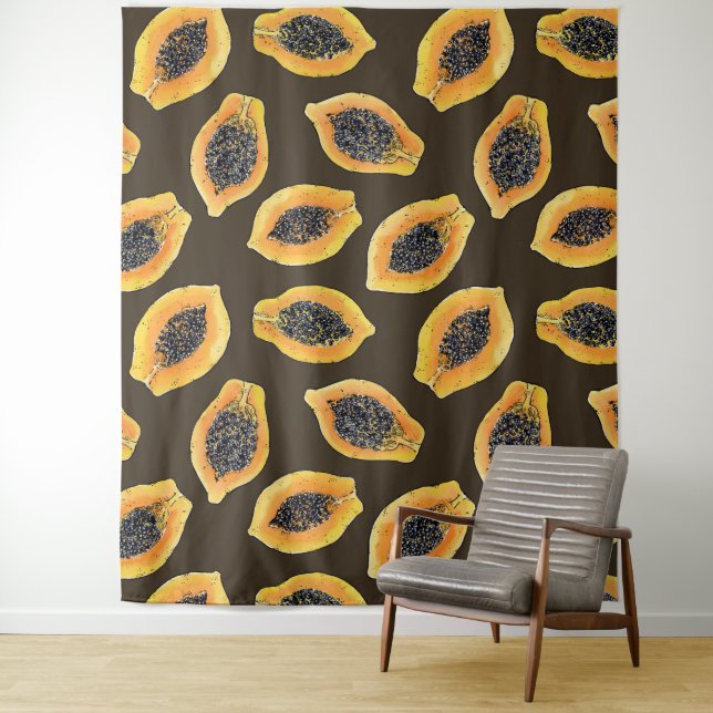 Papaya slices on dark brown tapestry (In Situ)