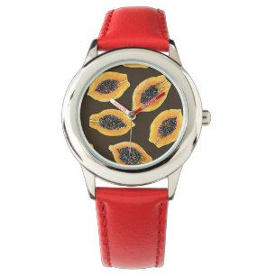 Papaya slices on dark brown watch