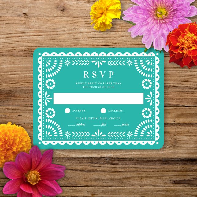 Papel Picado Aqua | Carte RSVP de réponse Mariage (Créateur téléchargé)