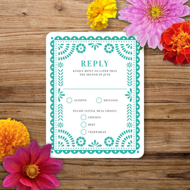 Papel Picado Aqua | Wedding Reply RSVP Card (Creator Uploaded)