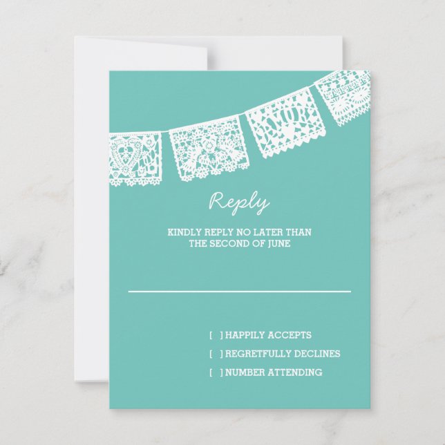 Papel Picado Aqua | Wedding Reply RSVP Card (Front)