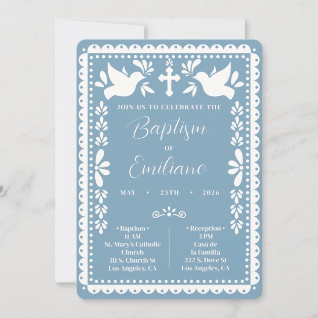 Papel Picado Baptism Invite Blue Mexican Fiesta (Front)