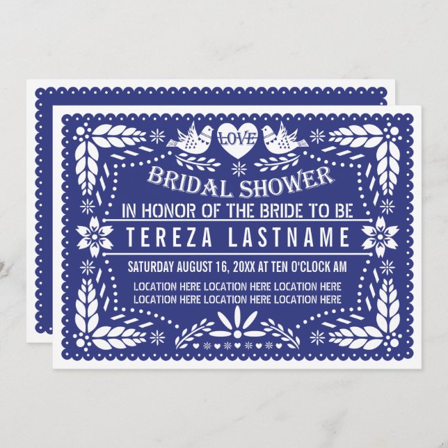 Papel picado birds dark blue wedding bridal shower invitation (Front/Back)