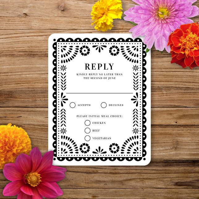 Papel Picado Black | Wedding Reply RSVP Card (Creator Uploaded)