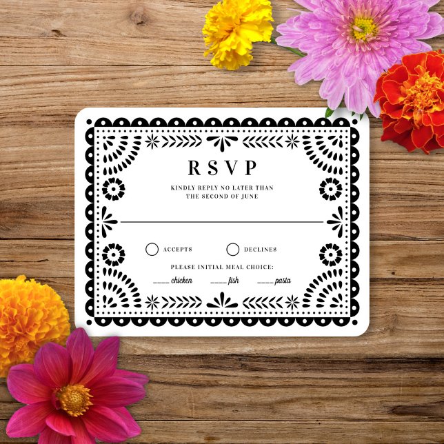 Papel Picado Black White | Wedding Reply RSVP Card (Creator Uploaded)