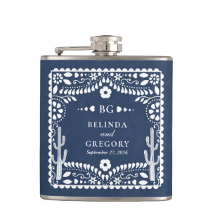 Papel Picado Boda Mexican Rustic Blue Wedding Hip Flask