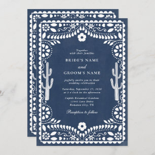 Papel Picado Boda Mexican Rustic Blue Wedding Invitation