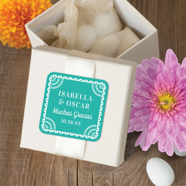 Papel Picado Bright Aqua Wedding Favor Sticker (Créateur téléchargé)