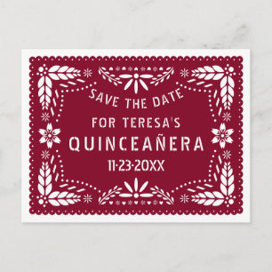 Papel picado burgundy QUINCEAÑERA Save the Date Announcement Postcard