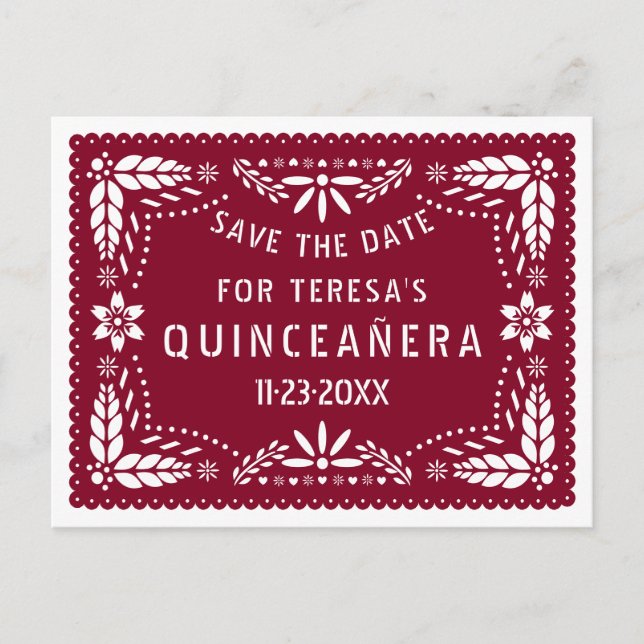 Papel picado burgundy QUINCEAÑERA Save the Date Announcement Postcard (Front)