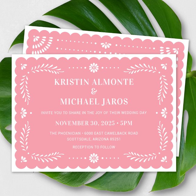 Papel Picado Faire-part de mariage mexicaine moder (Modern Papel Picado Wedding Invitation In Pink)