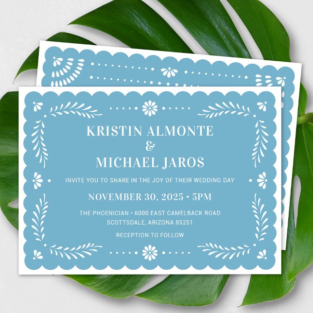 Papel Picado Faire-part de mariage mexicaine moder (Modern Papel Picado Wedding Invitation In Sky Blue)
