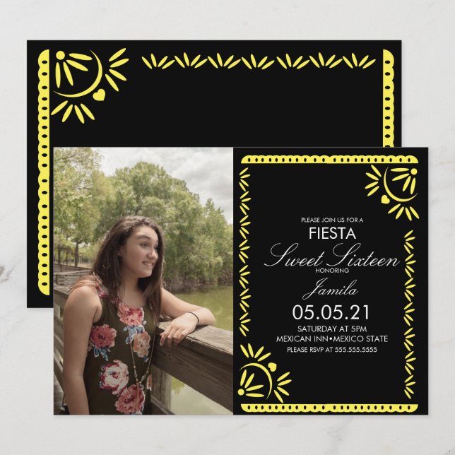 Papel Picado Fiesta Sweet 16 Mexican Yellow Photo Invitation (Front/Back)