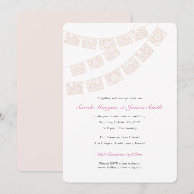 Papel Picado Invitation de la fête de mariage rose (Devant / Derrière)
