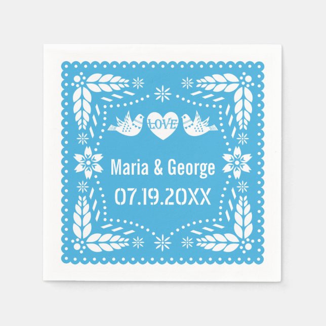 Papel picado love birds blue wedding fiesta napkin (Front)