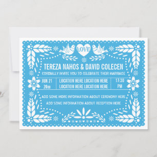 Papel picado love birds blue wedding invitation