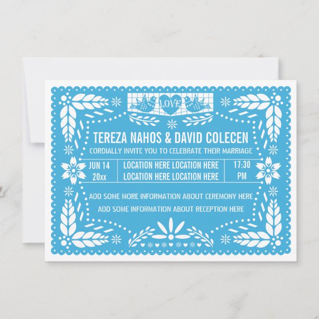 Papel picado love birds blue wedding invitation (Front)